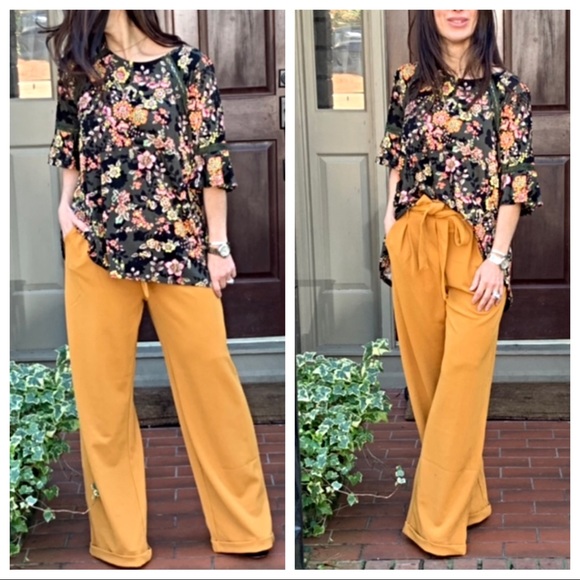 ✨LAST ✨Mustard side pockets belted wide leg pants - Picture 7 of 8